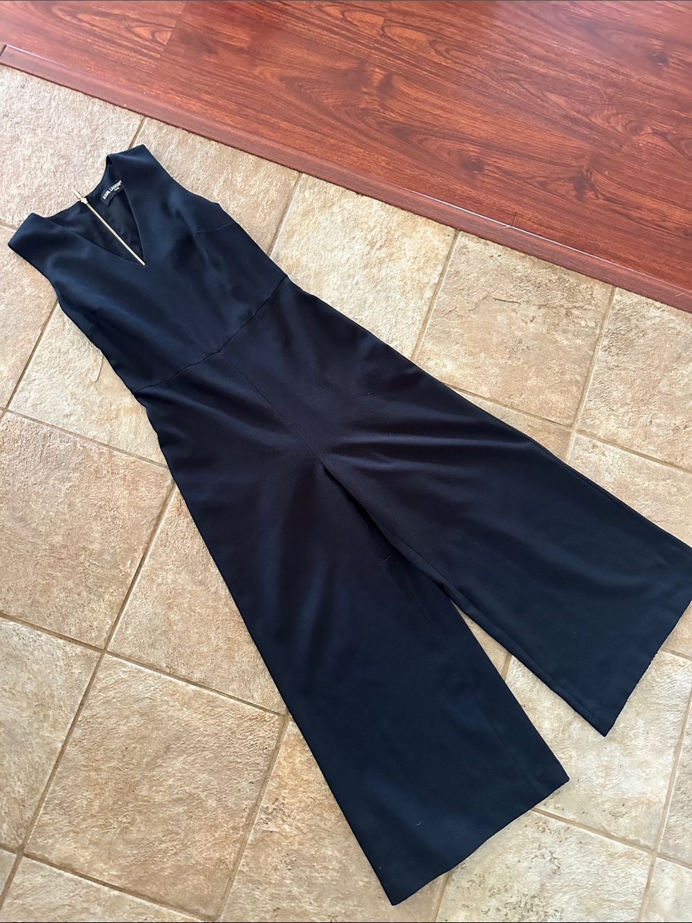 Karl Lagerfeld Sleek Black V-Neck Wide-Leg Jumpsuit w gold zipper in back